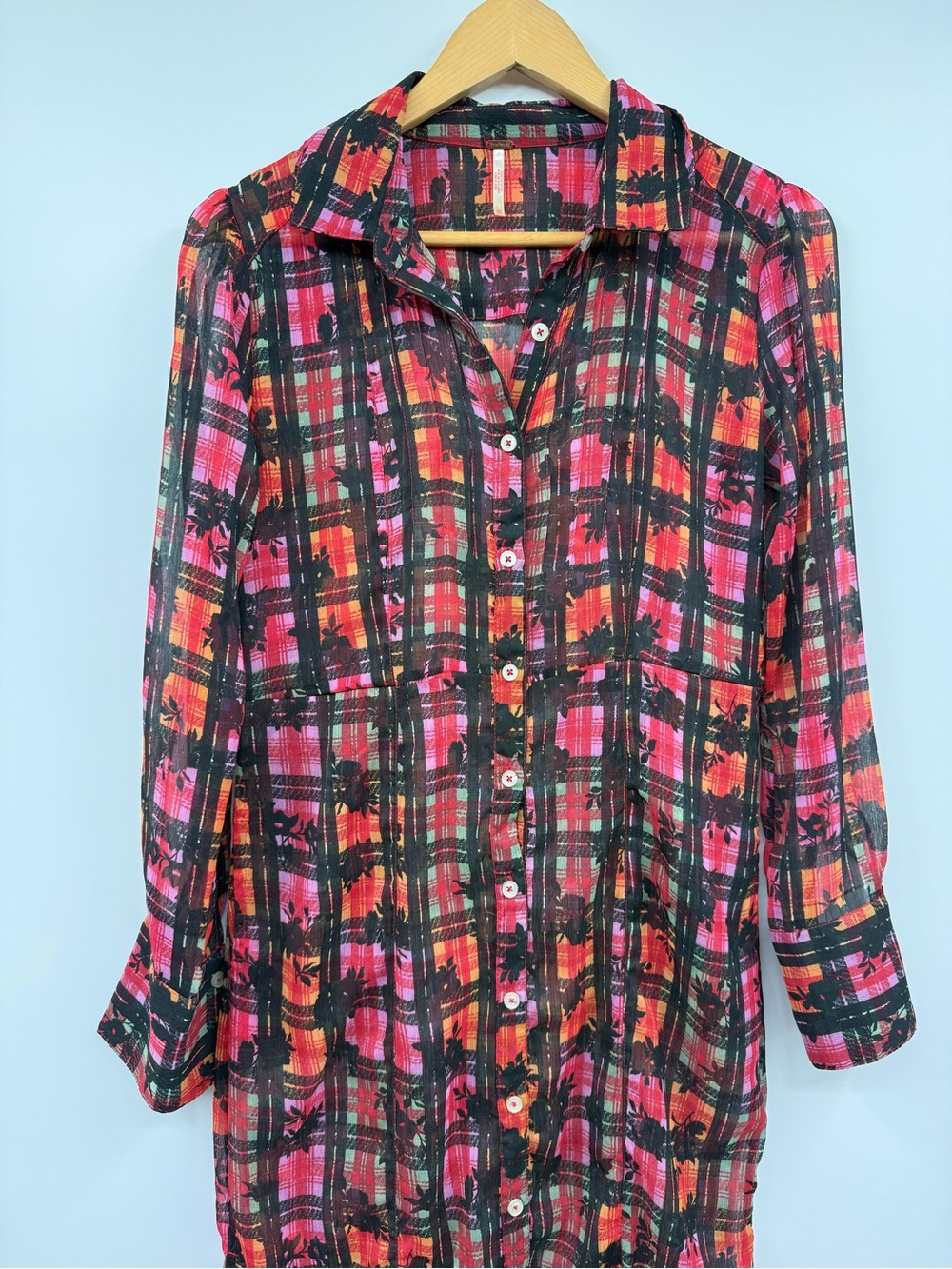 Free People Jerra Plaid Floral Maxi Shirt Dress Sheer Black Pink Orange XS Boho - Picture 5 of 9